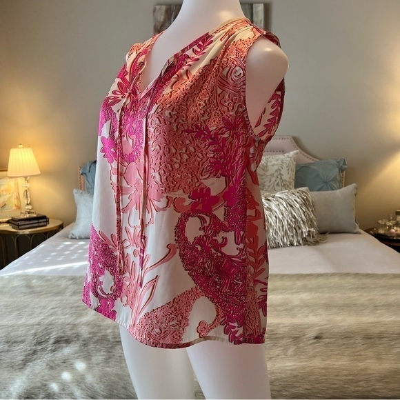 COLDWATER CREEK Pink White Floral XS 4 6 Sleeveless Tie Tunic Lightweight Shirt - Picture 12 of 13
